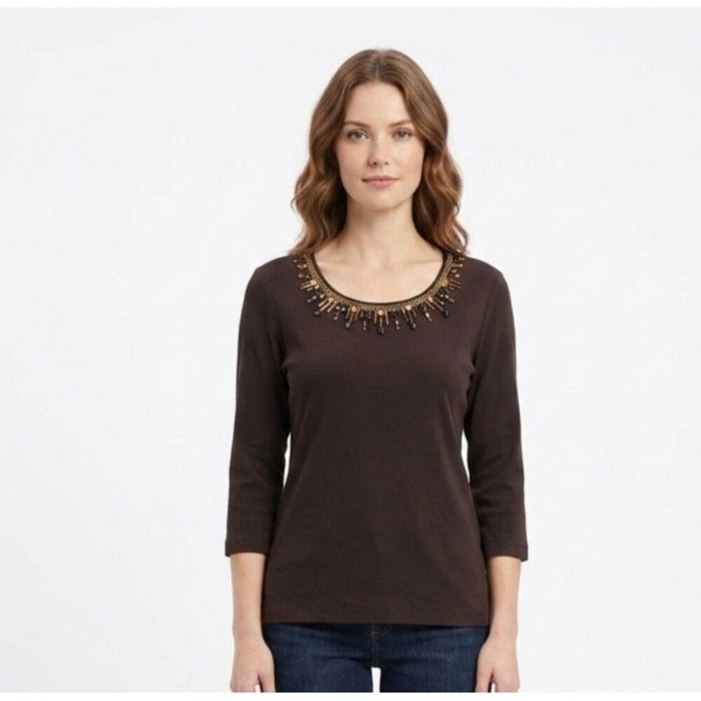 JM Collection Womens Top Petite PXL Brown BEADED Knit Scoop Neck 3/4 Slv